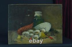 Old Painting Nature Dead Oyster Homard Jar Glass Kitchen Constantin Le Roux