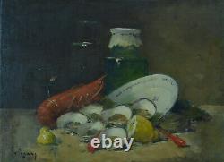 Old Painting Nature Dead Oyster Homard Jar Glass Kitchen Constantin Le Roux