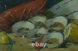 Old Painting Nature Dead Oyster Homard Jar Glass Kitchen Constantin Le Roux