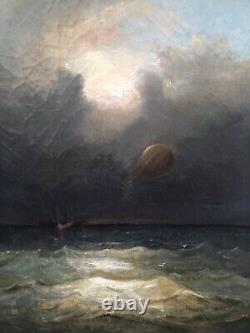 Old Painting Oil Landscape Sea Boat Airship Hot Air Balloon Sky 19th Century