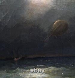 Old Painting Oil Landscape Sea Boat Airship Hot Air Balloon Sky 19th Century