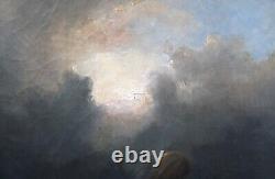 Old Painting Oil Landscape Sea Boat Airship Hot Air Balloon Sky 19th Century