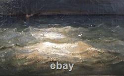 Old Painting Oil Landscape Sea Boat Airship Hot Air Balloon Sky 19th Century