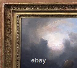 Old Painting Oil Landscape Sea Boat Airship Hot Air Balloon Sky 19th Century