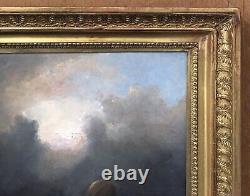 Old Painting Oil Landscape Sea Boat Airship Hot Air Balloon Sky 19th Century