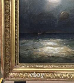 Old Painting Oil Landscape Sea Boat Airship Hot Air Balloon Sky 19th Century