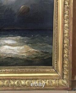 Old Painting Oil Landscape Sea Boat Airship Hot Air Balloon Sky 19th Century
