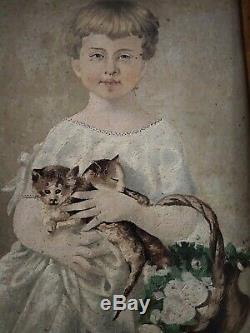 Old Painting Oil On Board Signed The Girl Kittens Hulin Late Nineteenth