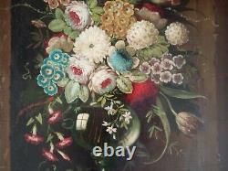 Old Painting Oil On Canvas Flower Bouquet In A Niche Early 20th Century