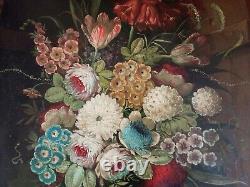 Old Painting Oil On Canvas Flower Bouquet In A Niche Early 20th Century