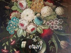 Old Painting Oil On Canvas Flower Bouquet In A Niche Early 20th Century