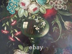 Old Painting Oil On Canvas Flower Bouquet In A Niche Early 20th Century