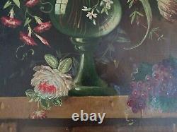 Old Painting Oil On Canvas Flower Bouquet In A Niche Early 20th Century