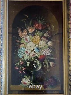 Old Painting Oil On Canvas Flower Bouquet In A Niche Early 20th Century