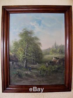 Old Painting Oil On Canvas Landscape Countryside Barn Nineteenth Barbizon
