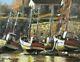 Old Painting Oil On Canvas Marine Boats Docked Signed Xx