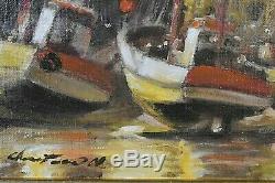 Old Painting Oil On Canvas Marine Boats Docked Signed XX