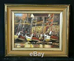 Old Painting Oil On Canvas Marine Boats Docked Signed XX