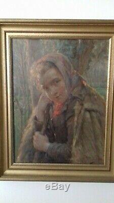 Old Painting Oil On Canvas Portrait Of Young Shepherdess. Signed Severin Duole 19th