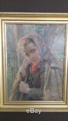 Old Painting Oil On Canvas Portrait Of Young Shepherdess. Signed Severin Duole 19th