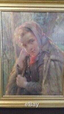 Old Painting Oil On Canvas Portrait Of Young Shepherdess. Signed Severin Duole 19th