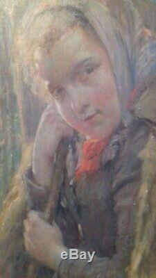 Old Painting Oil On Canvas Portrait Of Young Shepherdess. Signed Severin Duole 19th