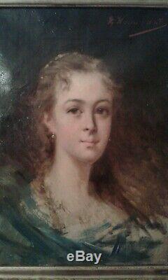 Old Painting Oil On Canvas. Portrait Pretty Young Woman 19th