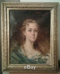 Old Painting Oil On Canvas. Portrait Pretty Young Woman 19th