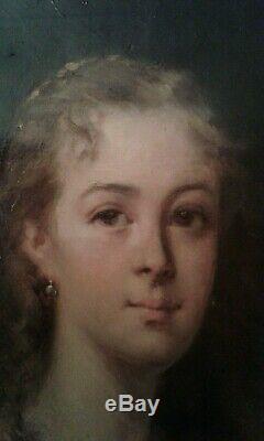 Old Painting Oil On Canvas. Portrait Pretty Young Woman 19th