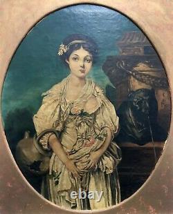 Old Painting, Oil On Canvas, Portrait, Young Woman, The Broken Jug, 19th