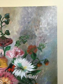 Old Painting Oil On Canvas S. Banneville (20th Century) Still Life With Flowers