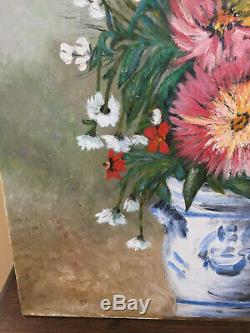 Old Painting Oil On Canvas S. Banneville (20th Century) Still Life With Flowers