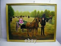 Old Painting Oil On Canvas Sign Character Horses