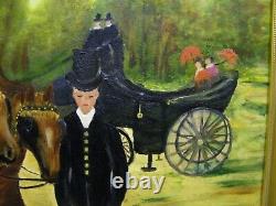 Old Painting Oil On Canvas Sign Character Horses