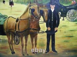 Old Painting Oil On Canvas Sign Character Horses