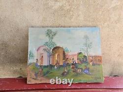 Old Painting, Oil On Canvas, Sign, Village, Roulotte, Landscape