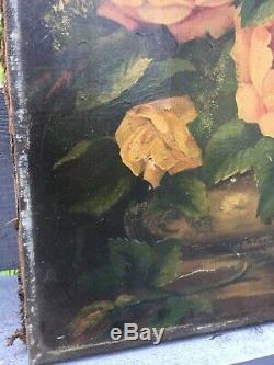 Old Painting Oil On Canvas Signed Bouquet Flowers To Restore