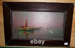 Old Painting Oil On Canvas Signed With Navy Boats Contemporary Painting