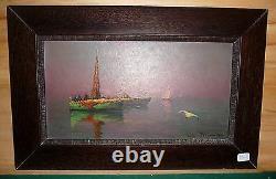 Old Painting Oil On Canvas Signed With Navy Boats Contemporary Painting