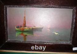 Old Painting Oil On Canvas Signed With Navy Boats Contemporary Painting