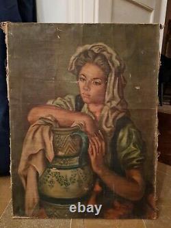 Old Painting Oil On Canvas, Woman With Amphora