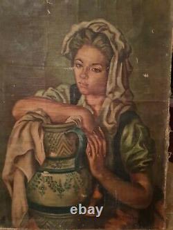 Old Painting Oil On Canvas, Woman With Amphora