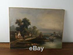 Old Painting Oil On Canvas XIX Small Village In Edge Of Water