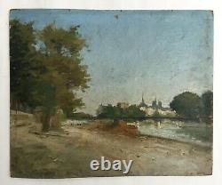 Old Painting, Oil On Cardboard, Riverside City, Early 20th