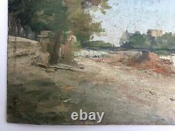 Old Painting, Oil On Cardboard, Riverside City, Early 20th