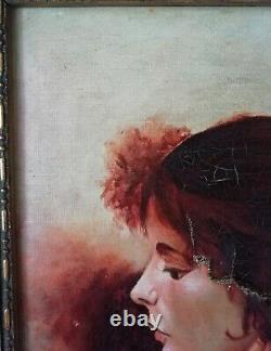 Old Painting Oil On Web Portrait Young Woman Signed Mr. Thomas To Restore