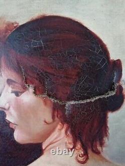 Old Painting Oil On Web Portrait Young Woman Signed Mr. Thomas To Restore