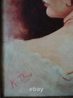 Old Painting Oil On Web Portrait Young Woman Signed Mr. Thomas To Restore