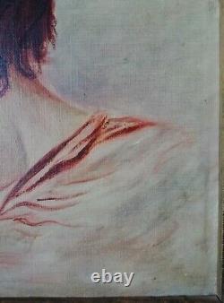 Old Painting Oil On Web Portrait Young Woman Signed Mr. Thomas To Restore