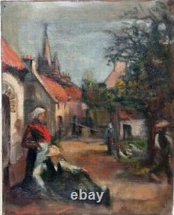 Old Painting Oil on Canvas Animated Village Early 20th Impressionist